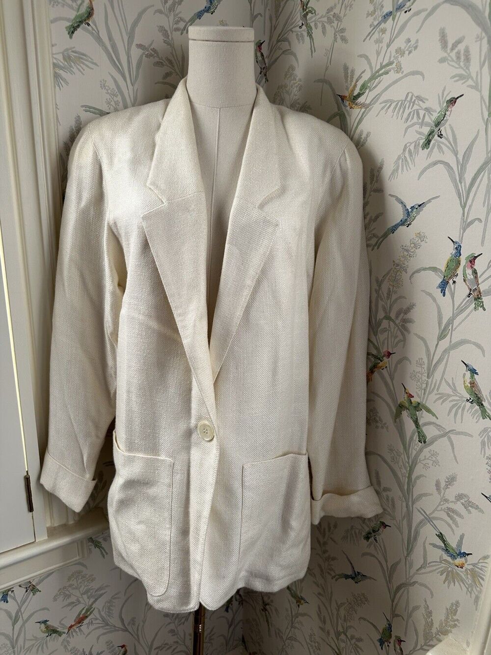 Preston & York Blazer Linen Cream Three-Quarter Sleeves Blazer Size 8 VTG